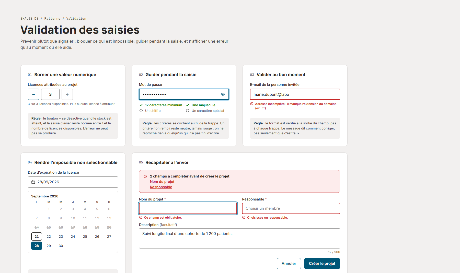 Planche de design : Validation des saisies